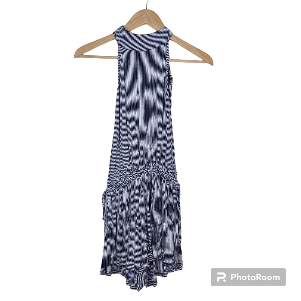 Faithfull the Brand Blue White Vertical Stripe Tie Neck Open Back Romper Sz S